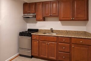 Apartment kitchen with wood cabinets