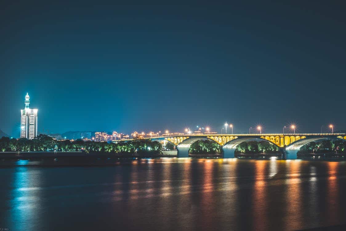 night time view of bridge over water in DC